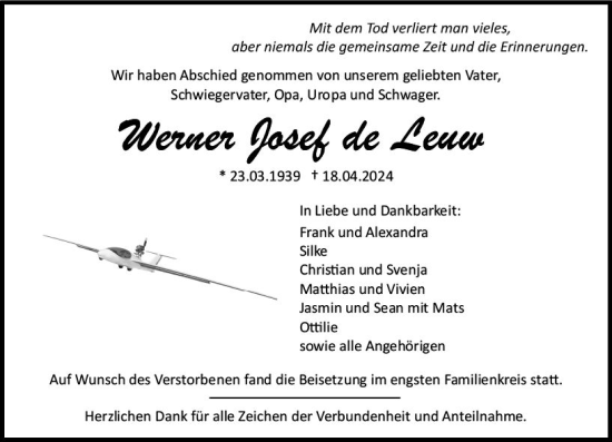 Traueranzeige von Werner Josef de Leuw von Wetzlarer Neue Zeitung