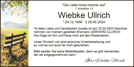 Traueranzeige von Wiebke Ullrich von Wiesbadener Kurier