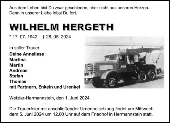 Traueranzeige von Wilhelm Hergeth von Wetzlarer Neue Zeitung