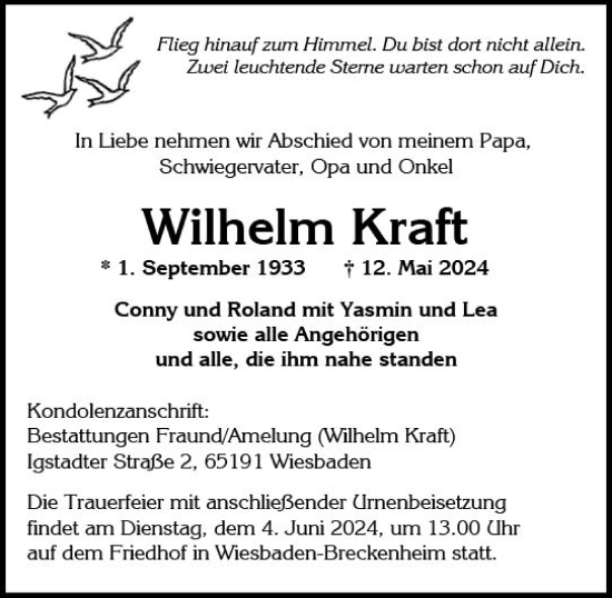 Traueranzeige von Wilhelm Kraft von Wiesbadener Kurier