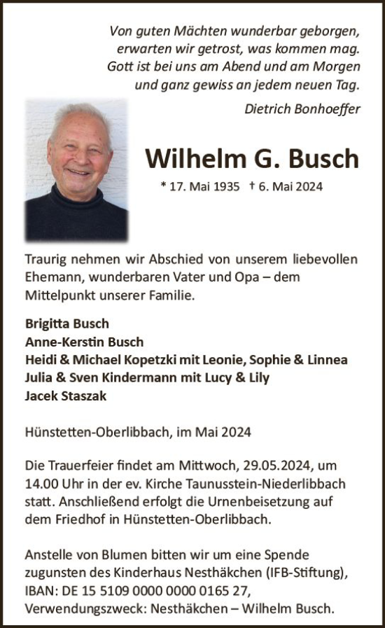 Traueranzeige von Wilhelm G. Busch von Wiesbadener Kurier