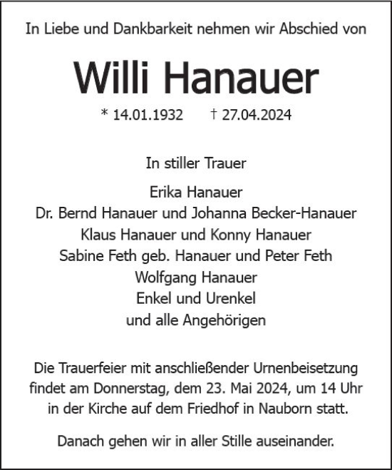 Traueranzeige von Willi Hanauer von Wetzlarer Neue Zeitung