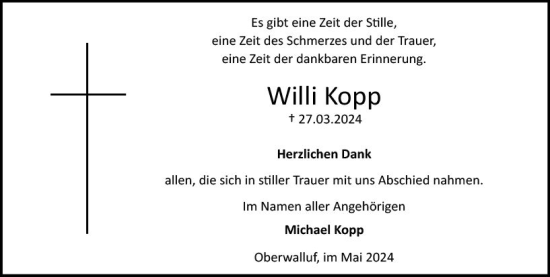 Traueranzeige von Willi Kopp von Rheingau Kurier