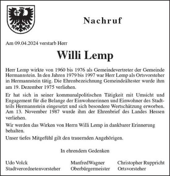 Traueranzeige von Willi Lemp von Wetzlarer Neue Zeitung