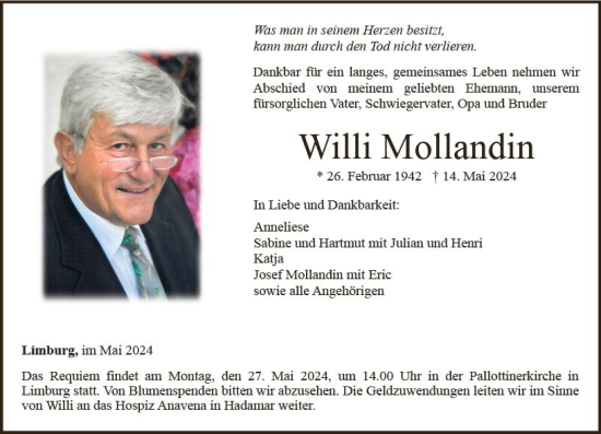 Traueranzeige von Willi Mollandin von Weilburger Tageblatt