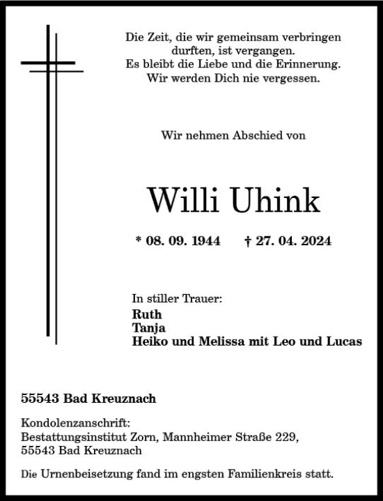 Traueranzeige von Willi Uhink von Allgemeine Zeitung Alzey