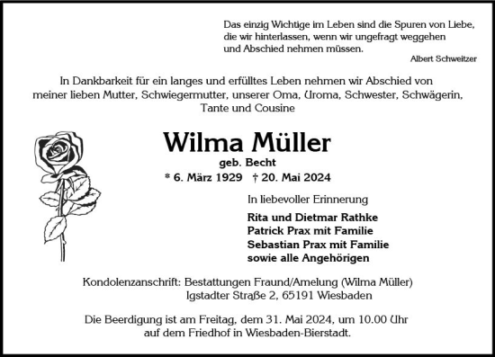 Traueranzeige von Wilma Müller von Wiesbadener Kurier