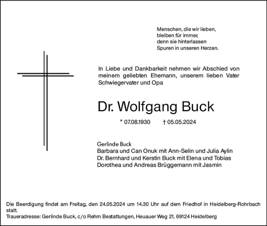 Traueranzeige von Wolfgang Buck von Allgemeine Zeitung Bingen/Ingelheim