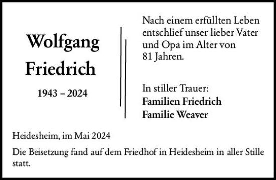 Traueranzeige von Wolfgang Friedrich von Allgemeine Zeitung Mainz