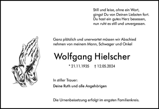 Traueranzeige von Wolfgang Hielscher von Weilburger Tageblatt