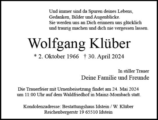 Traueranzeige von Wolfgang Klüber von Allgemeine Zeitung Mainz