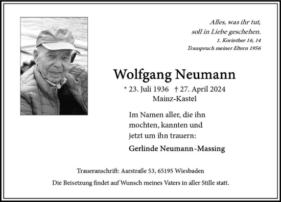 Traueranzeige von Wolfgang Neumann von Wiesbadener Kurier