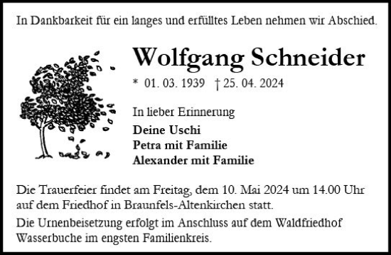 Traueranzeige von Wolfgang Schneider von Wetzlarer Neue Zeitung