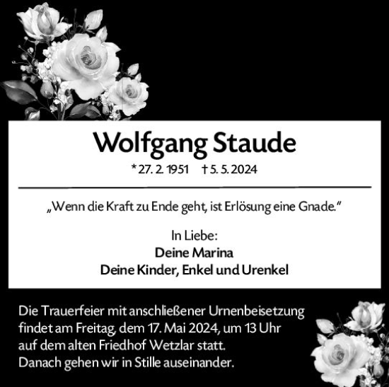 Traueranzeige von Wolfgang Staude von Wetzlarer Neue Zeitung