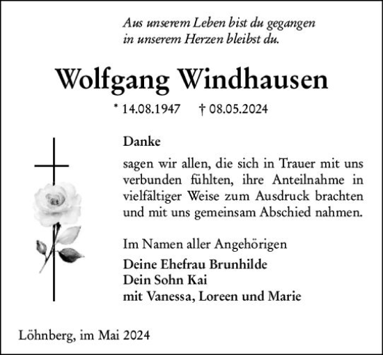 Traueranzeige von Wolfgang Windhausen von Weilburger Tageblatt