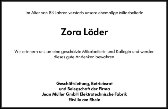 Traueranzeige von Zora Löder von Rheingau Kurier