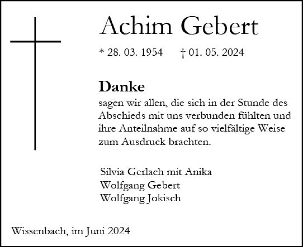  Traueranzeige für Achim Gebert vom 07.06.2024 aus Dill Block