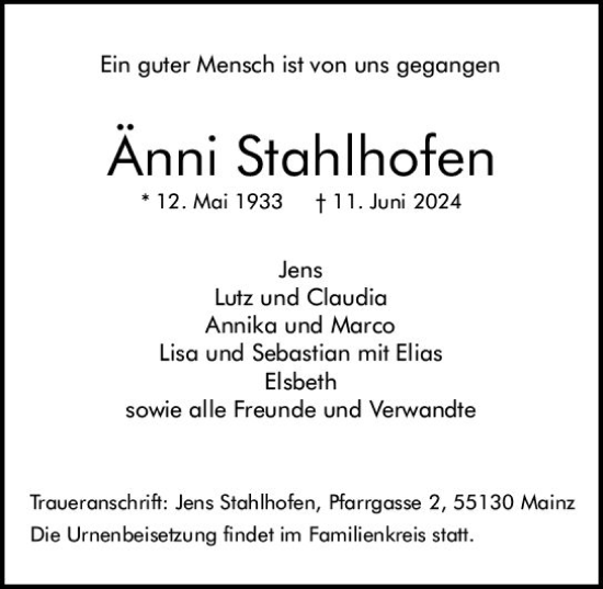 Traueranzeige von Änni Stahlhofen von Allgemeine Zeitung Mainz