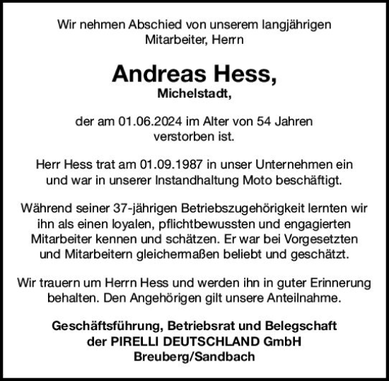 Traueranzeige von Andreas Hess von Odenwälder Echo