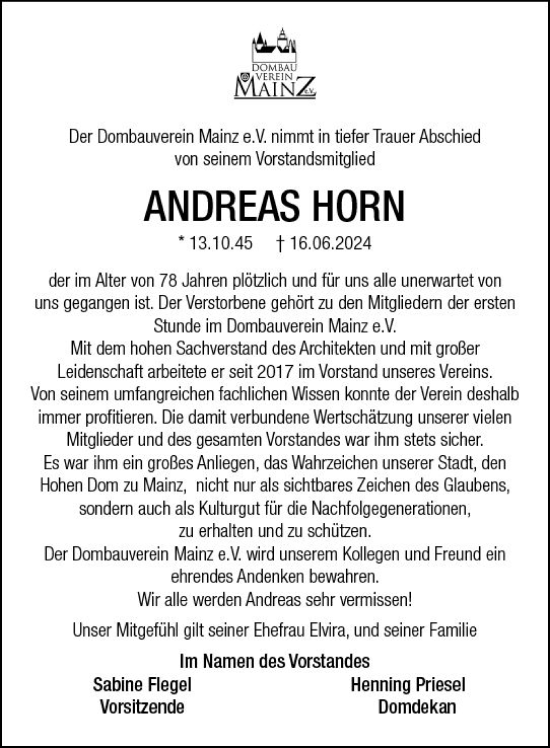 Traueranzeige von Andreas Horn von Allgemeine Zeitung Mainz