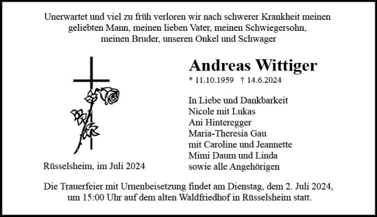 Traueranzeige von Andreas Wittiger von Rüsselsheimer Echo