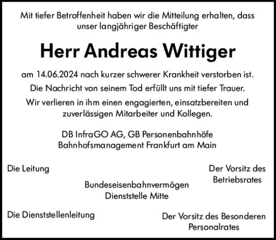 Traueranzeige von Andreas Wittiger von Rüsselsheimer Echo