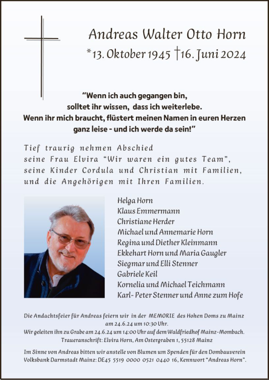 Traueranzeige von Andreas Walter Otto Horn von Allgemeine Zeitung Mainz