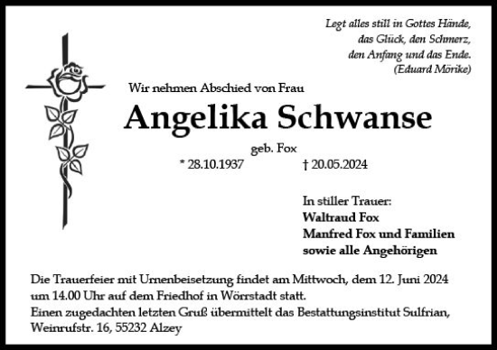 Traueranzeige von Angelika Schwanse von Allgemeine Zeitung Alzey