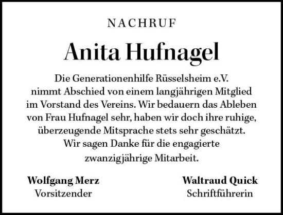 Traueranzeige von Anita Hufnagel von Rüsselsheimer Echo