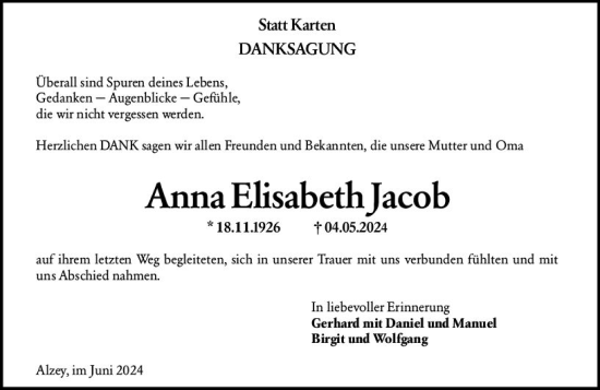 Traueranzeige von Anna Elisabeth Jacob von Allgemeine Zeitung Alzey