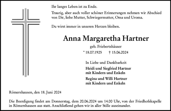 Traueranzeige von Anna Margaretha Hartner von Hinterländer Anzeiger