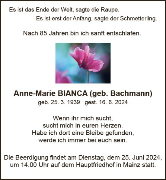 Traueranzeige von Anne-Marie Bianca von Allgemeine Zeitung Mainz