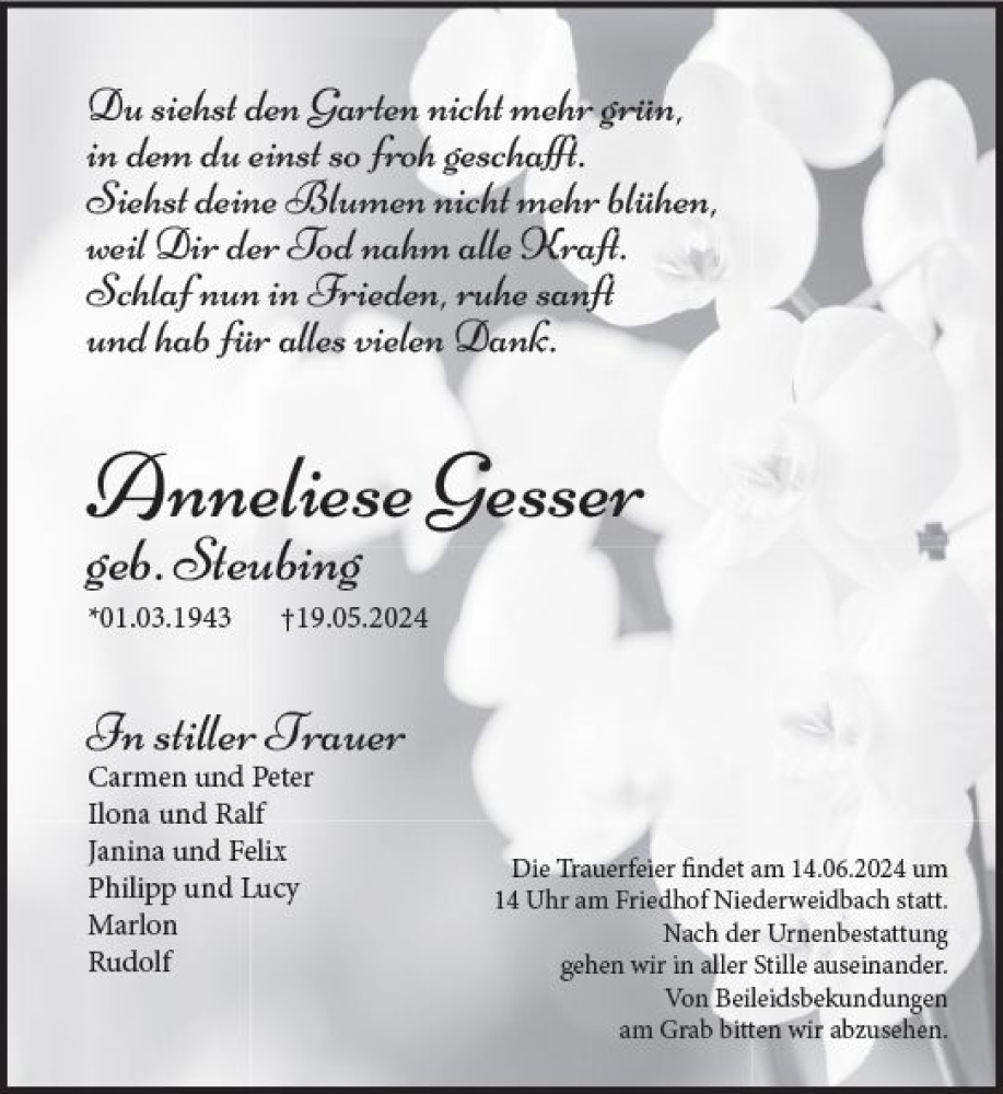  Traueranzeige für Anneliese Gesser vom 08.06.2024 aus Wetzlarer Neue Zeitung