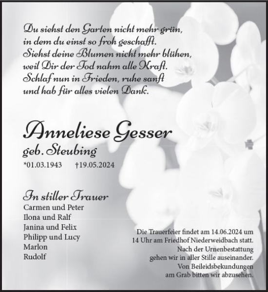 Traueranzeige von Anneliese Gesser von Wetzlarer Neue Zeitung