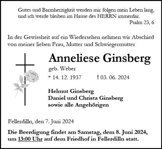 Traueranzeige von Anneliese Ginsberg von Dill Block