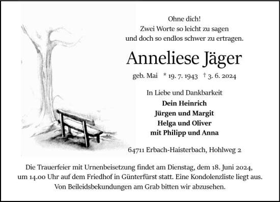 Traueranzeige von Anneliese Jäger von Odenwälder Echo