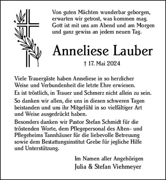Traueranzeige von Anneliese Lauber von Hinterländer Anzeiger