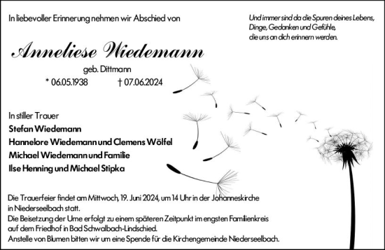 Traueranzeige von Anneliese Wiedemann von Wiesbadener Kurier