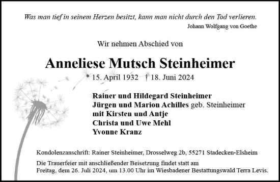 Traueranzeige von Anneliese Mutsch Steinheimer von Wiesbadener Kurier