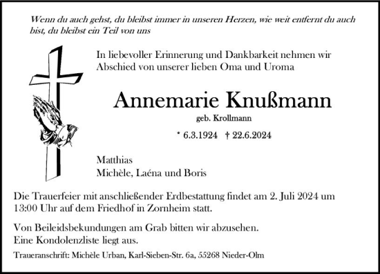 Traueranzeige von Annemarie Knußmann von Allgemeine Zeitung Mainz