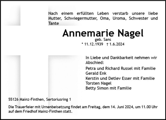 Traueranzeige von Annemarie Nagel von Allgemeine Zeitung Mainz