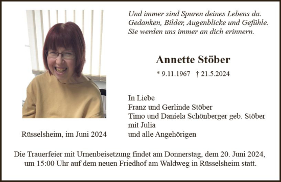 Traueranzeige von Annette Stöber von Rüsselsheimer Echo