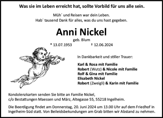 Traueranzeige von Anni Nickel von Allgemeine Zeitung Bingen/Ingelheim