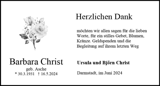 Traueranzeige von Barbara Christ von Darmstädter Echo
