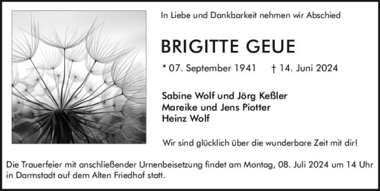 Traueranzeige von Brigitte Geue von Darmstädter Echo