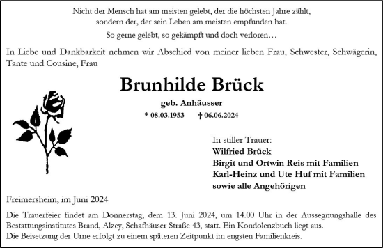 Traueranzeige von Brunhilde Brück von Allgemeine Zeitung Alzey