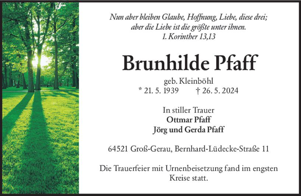  Traueranzeige für Brunhilde Pfaff vom 08.06.2024 aus Groß-Gerauer Echo