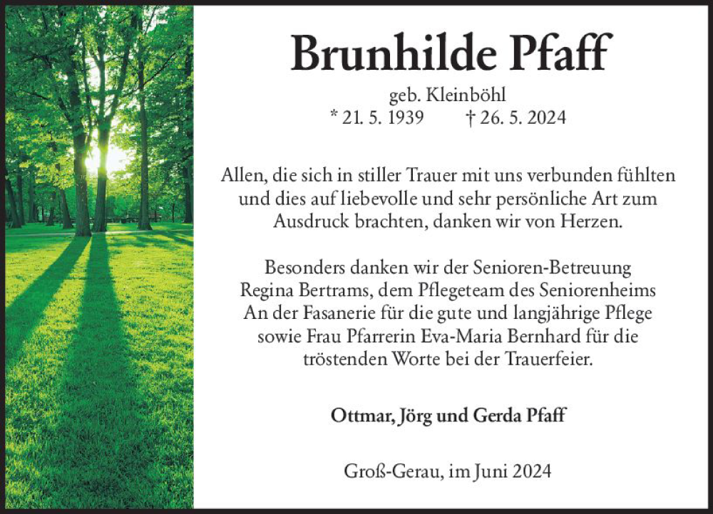  Traueranzeige für Brunhilde Pfaff vom 22.06.2024 aus Groß-Gerauer Echo