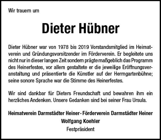 Traueranzeige von Dieter Hübner von Darmstädter Echo