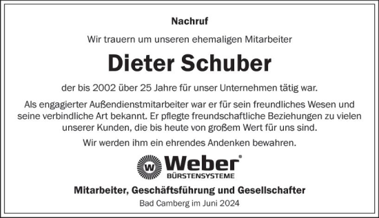 Traueranzeige von Dieter Schuber von Camberger Anzeiger